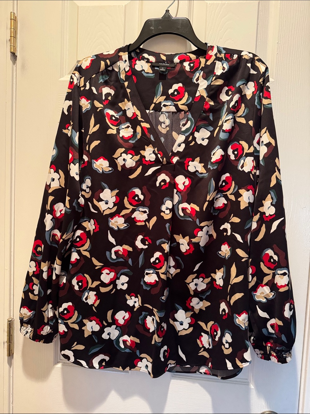 Alfani Black Floral V-Neck Blouse with Red & Cream Accents